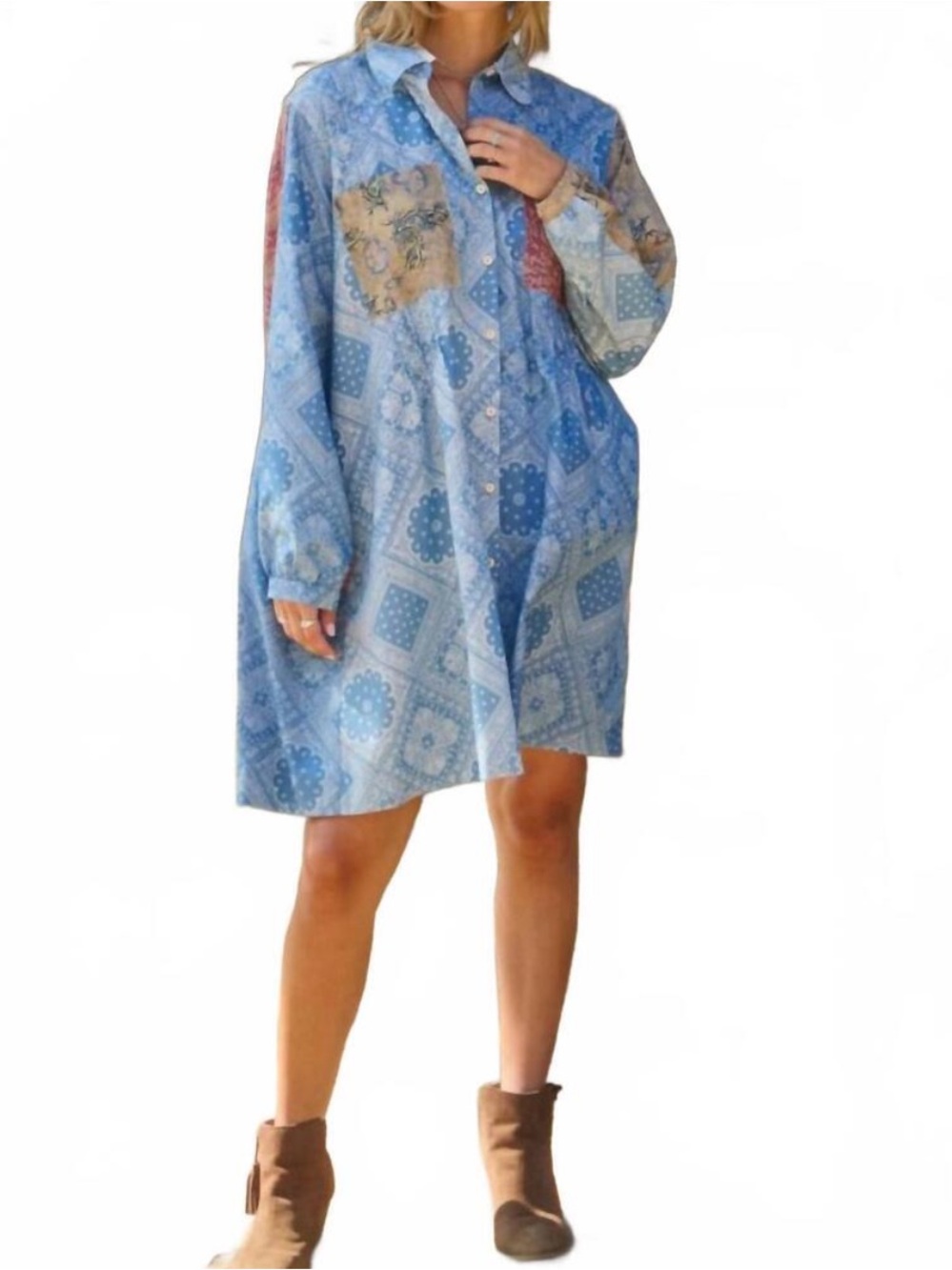 Oddi | Women’s Mixed Bandana Boho Print Oversized Button Shirt Dress Size Large